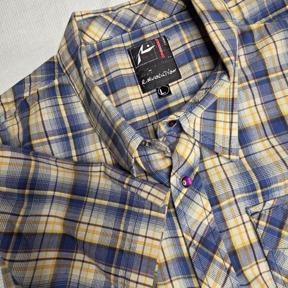 Rusty R Evolution Men’s M Blue Yellow Plaid Snap Shirt SS Purple Pearl Buttons